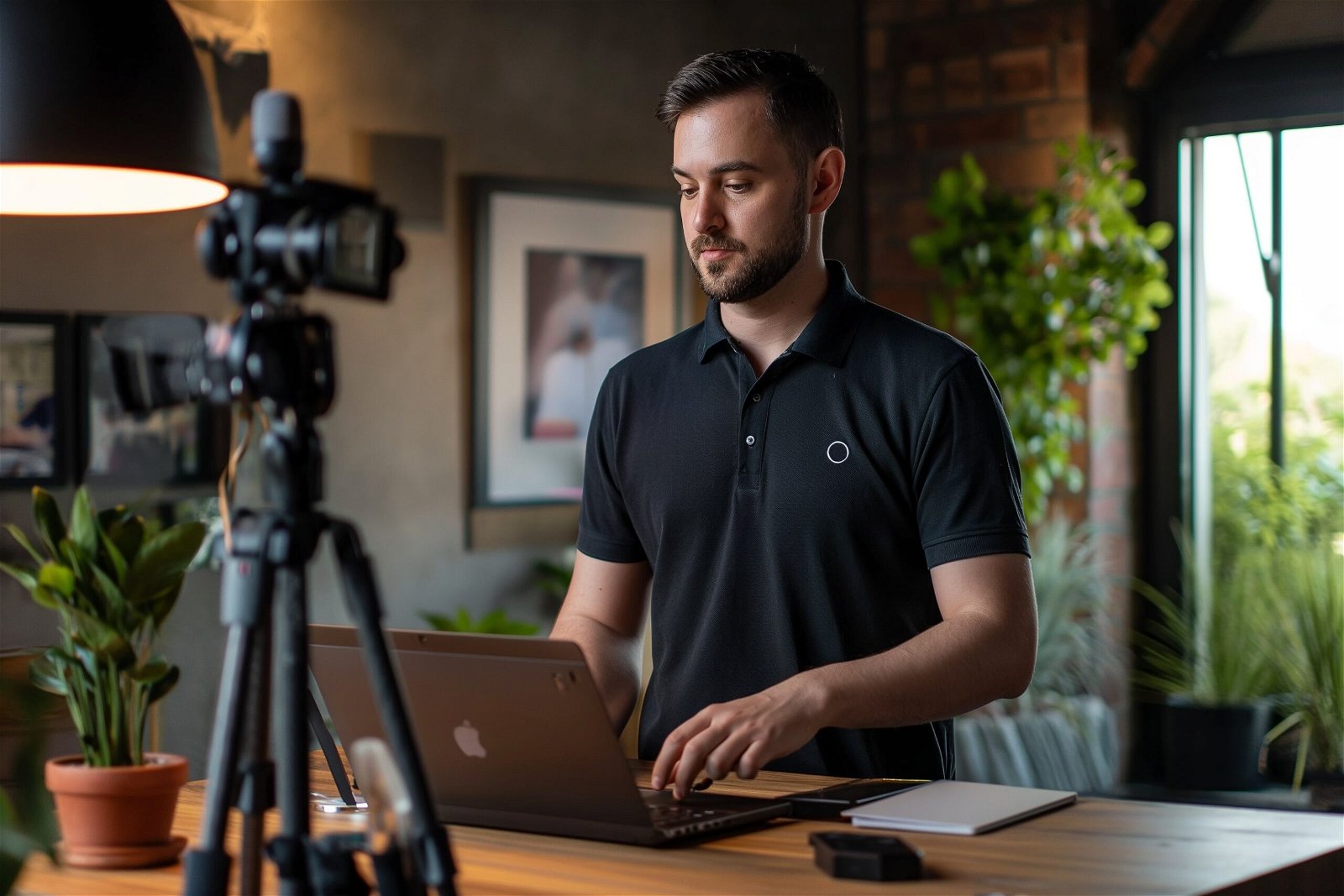 A man standing in a polo shirt, in front of a modern desk with a macbook, microphone and tripod.