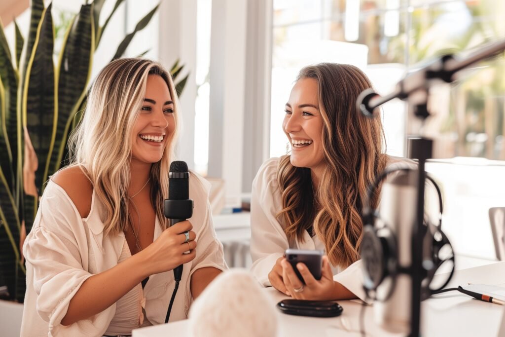 Two beautiful women smiling in a white-walled office, sitting at a table recording a podcast on mobile devices.