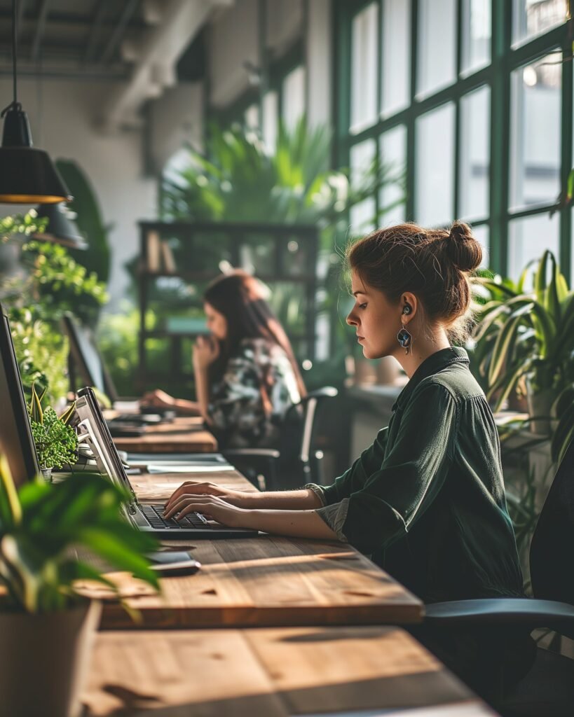 Women in office clothes, sitting at a wooden desk with some plants and computers.