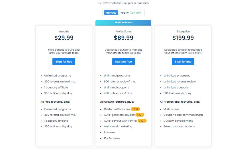 UpPromote plans and pricing